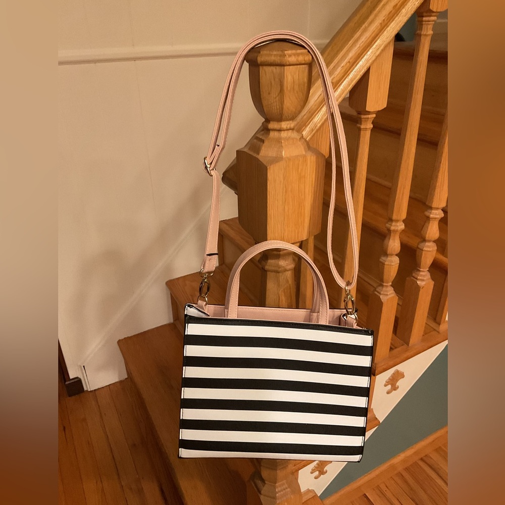 CHRISTIAN SIRIANO PINSTRIPED BAG CROSSBODY CONVERTIBLE PURSE BLACK WHITE PINK - Picture 3 of 11